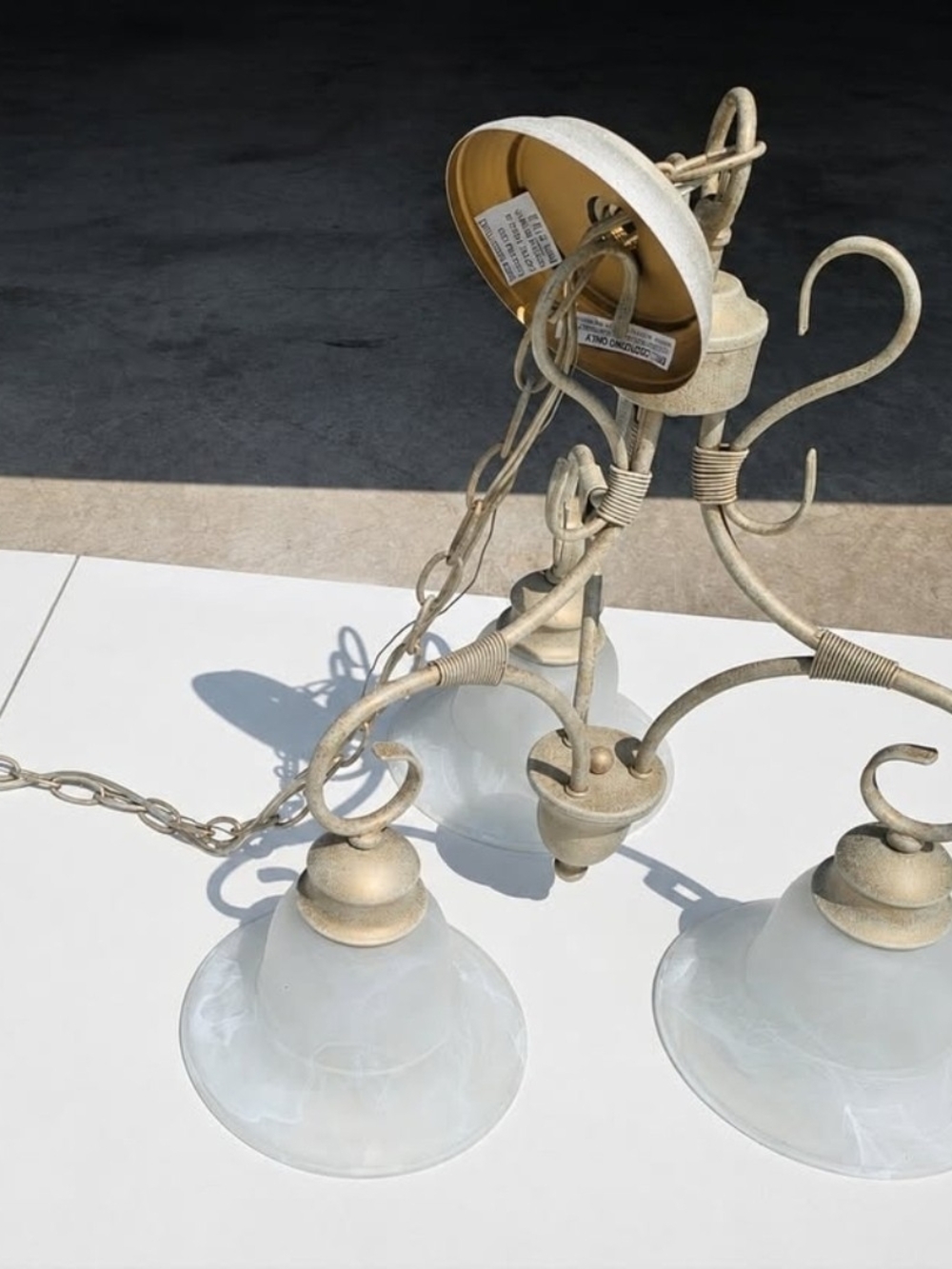 Three-Light Swirled Glass Shade Chandelier in Distressed Ivory
